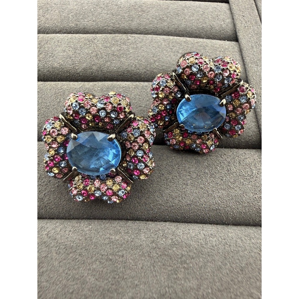 Joan Boyce Flower Clip On Earrings Blue Pink Yellow Crystal Statement Cocktail